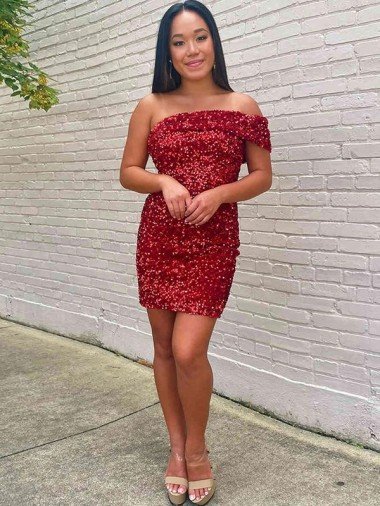 Affordable Short One Shoulder Sleeveless Velvet Sequin Cocktail Prom Dress