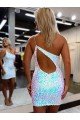 Affordable One Shoulder Keyhole Back Sleeveless Short Velvet Sequin Prom Dress