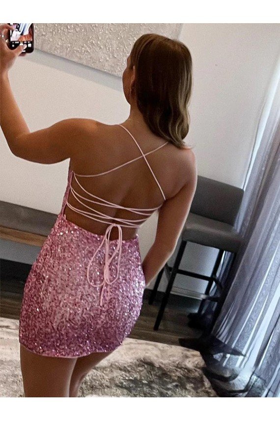 Affordable Spaghetti Straps Sleeveless Short Velvet Sequin Prom Dress