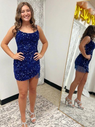 Affordable Spaghetti Straps Backless Sleeveless Short Velvet Sequin Prom Dress