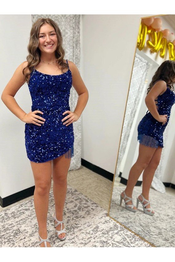 Affordable Spaghetti Straps Backless Sleeveless Short Velvet Sequin Prom Dress