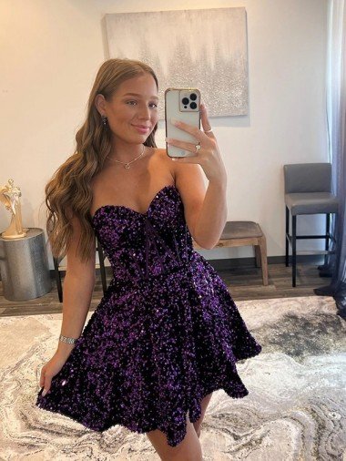 Affordable A-Line Sweetheart Sleeveless Short Velvet Sequin Prom Dress