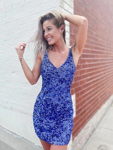 Affordable Short Velvet Sequin V-Neck Sleeveless Prom Dress