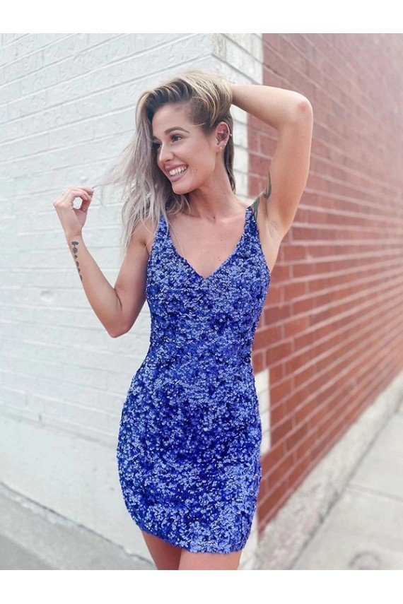 Affordable Short Velvet Sequin V-Neck Sleeveless Prom Dress
