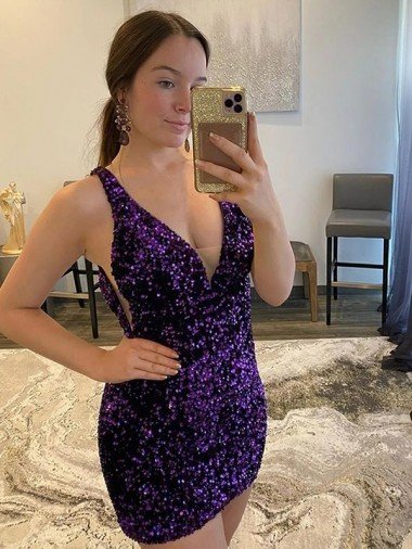 Affordable V-Neck Sleeveless Short Velvet Sequin Prom Dress