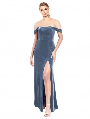 Affordable Draped Sleeves Wide Scoop Neck Off the Shoulder Velvet Bridesmaid Dress / Prom Dress
