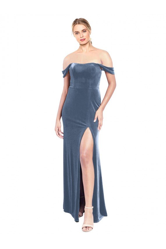 Affordable Draped Sleeves Wide Scoop Neck Off the Shoulder Velvet Bridesmaid Dress / Prom Dress