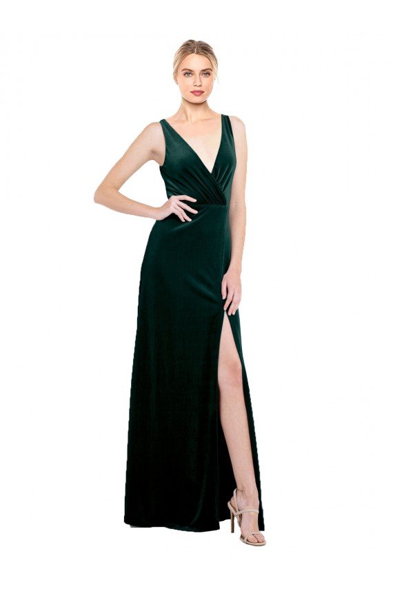 Affordable Sleek V-Neck Long Formal Velvet Bridesmaid Dress / Prom Dress with Side Slit