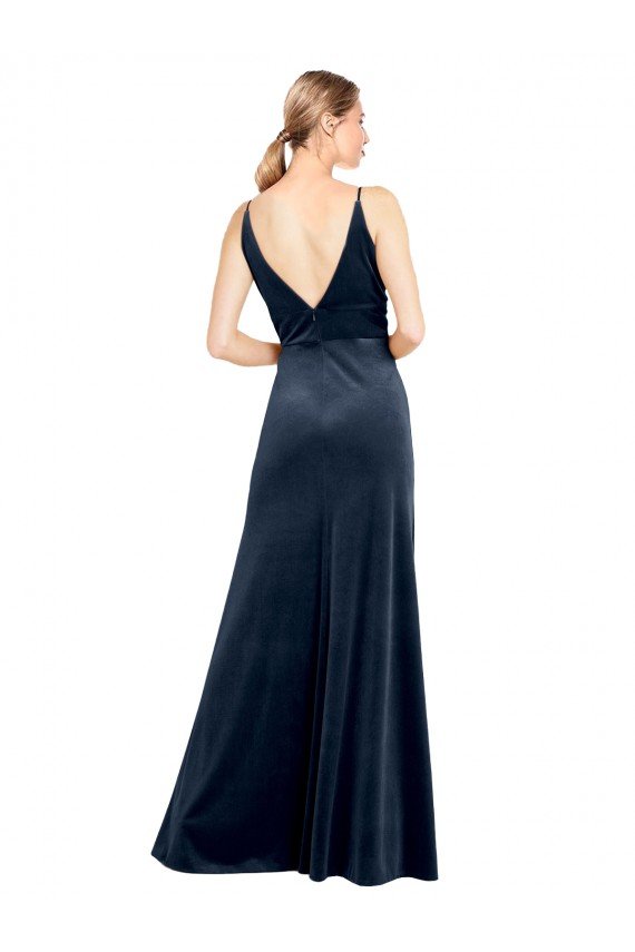 Affordable V-Back Long Velvet Bridesmaid Dress / Prom Dress with Notched V-Neck and Spaghetti Straps