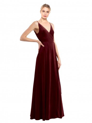 Affordable Faux Wrap V-Neck Sleek Long Formal Velvet Bridesmaid Dress / Prom Dress