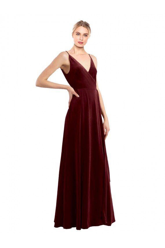 Affordable Faux Wrap V-Neck Sleek Long Formal Velvet Bridesmaid Dress / Prom Dress
