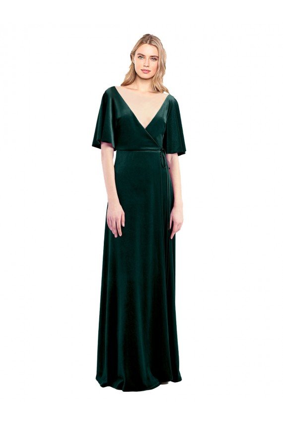 Affordable Deep V-Neck Flutter Sleeves Long Velvet Wrap Bridesmaid Dress / Prom Dress