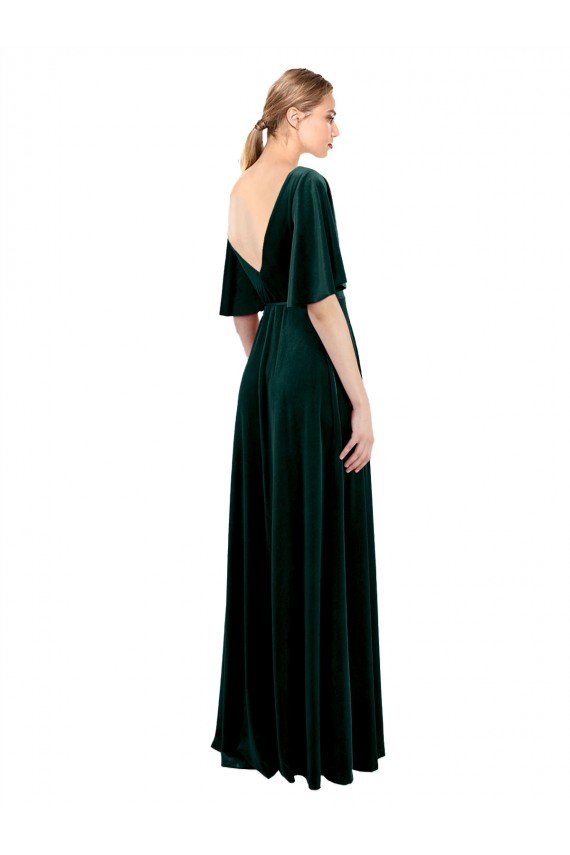 Affordable Deep V-Neck Flutter Sleeves Long Velvet Wrap Bridesmaid Dress / Prom Dress