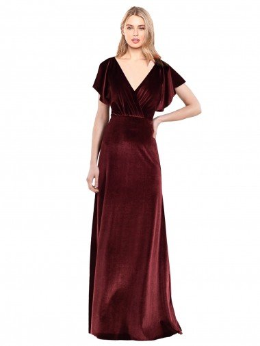 Affordable Flutter Sleeves Open Back Long Velvet Bridesmaid Dress / Prom Dress