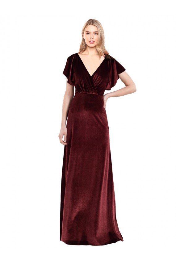 Affordable Flutter Sleeves Open Back Long Velvet Bridesmaid Dress / Prom Dress