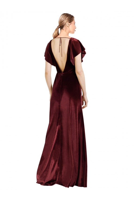 Affordable Flutter Sleeves Open Back Long Velvet Bridesmaid Dress / Prom Dress