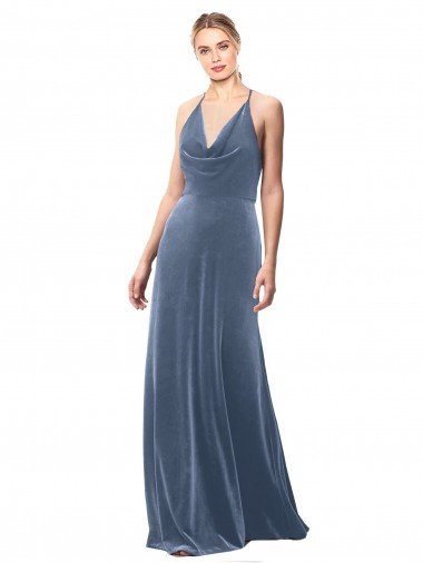 Affordable Halter Cowl Neck Long A-Line Velvet Bridesmaid Dress / Prom Dress with Keyhole Back