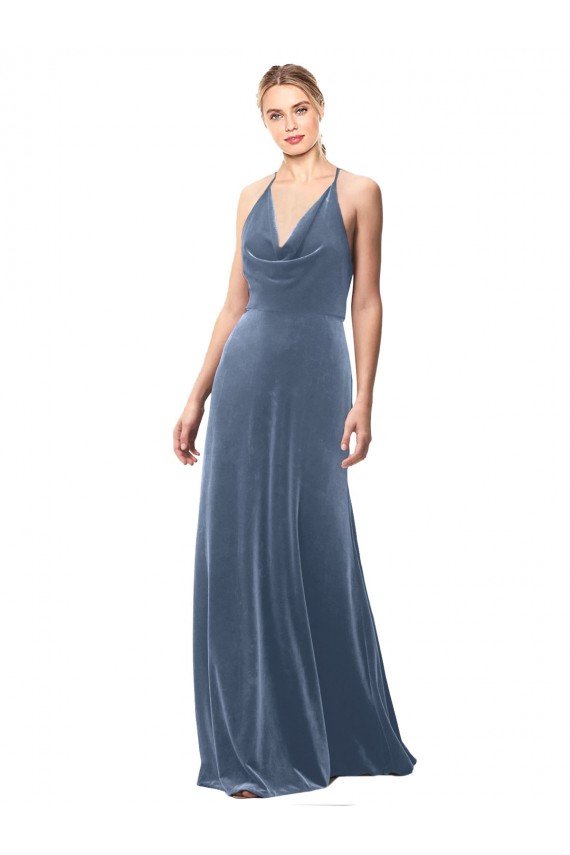 Affordable Halter Cowl Neck Long A-Line Velvet Bridesmaid Dress / Prom Dress with Keyhole Back