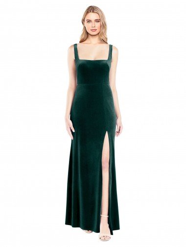 Affordable Square Neck Full Length Velvet Bridesmaid Dress / Prom Dress with Side Slit