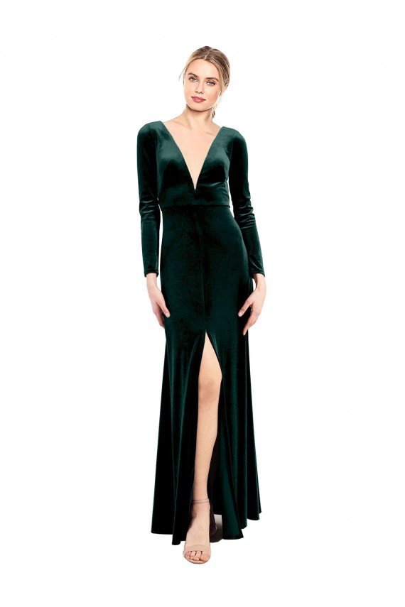 Affordable Plunging V-Neckline Long Sleeves Open Back Velvet Bridesmaid Dress / Prom Dress