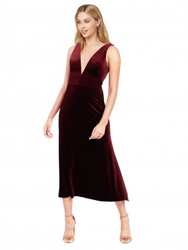 Affordable Daring Plunging V-Neckline Short Midi Cocktail Length Velvet Bridesmaid Dress / Prom Dress