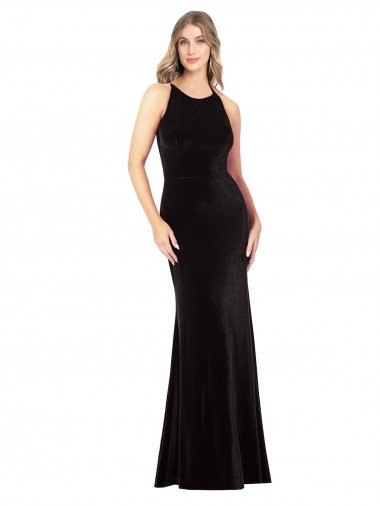 Affordable Vintage Velvet High Neck Formal Bridesmaid Dress / Prom Dress with Strappy Back