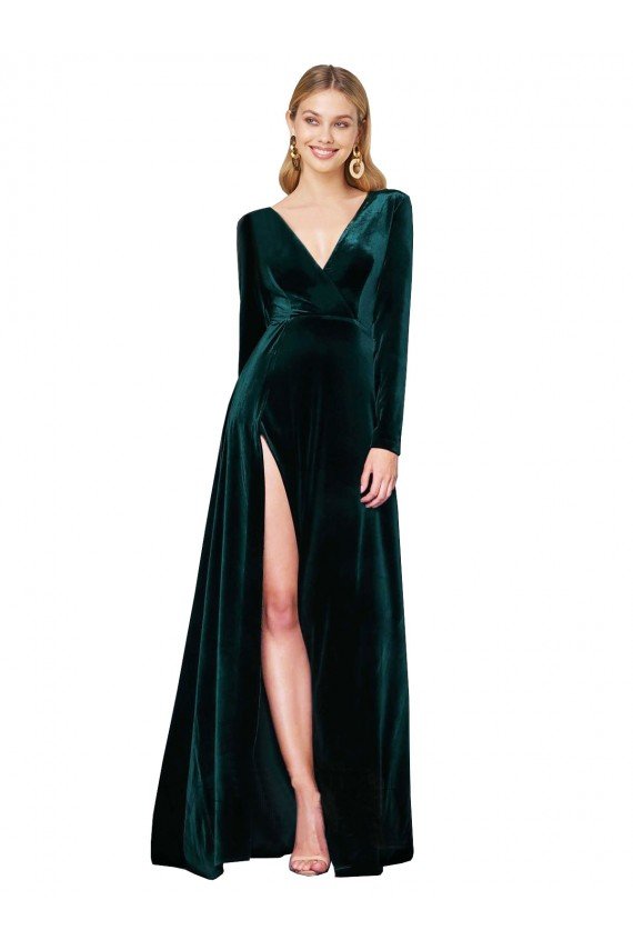 Affordable Deep V-Neck Long Sleeves Formal Velvet Bridesmaid Dress / Prom Dress with High Side Split