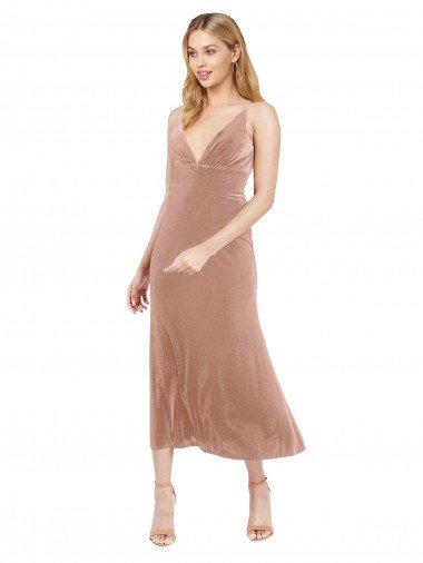 Affordable Midi Cocktail Length Short V-Neck Velvet Bridesmaid Dress / Prom Dress with Notched Neckline