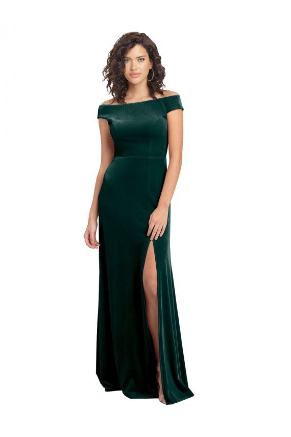 Affordable Floor Length Cap Sleeves Long Formal Velvet Bridesmaid Dress / Prom Dress with High Side Slit