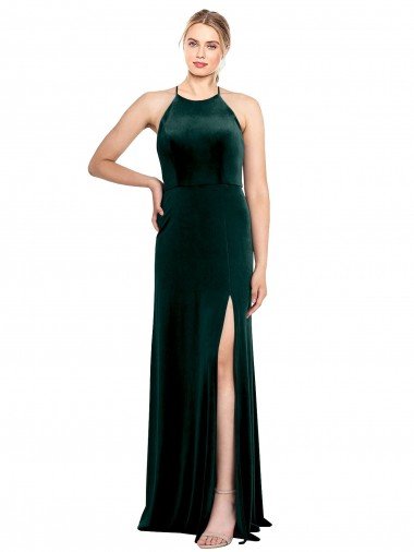 Affordable Long Jewel Neck Full Length Velvet Bridesmaid Dress / Prom Dress with Side Slit