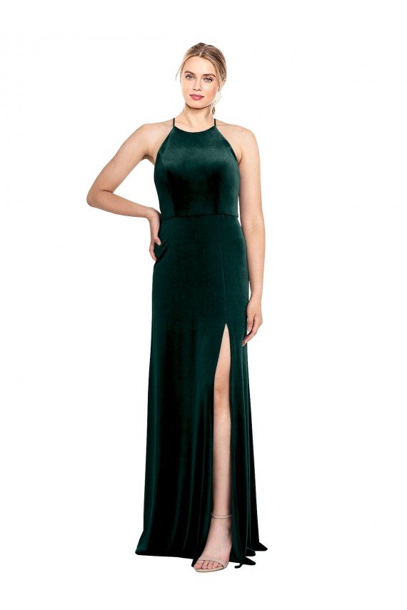Affordable Long Jewel Neck Full Length Velvet Bridesmaid Dress / Prom Dress with Side Slit