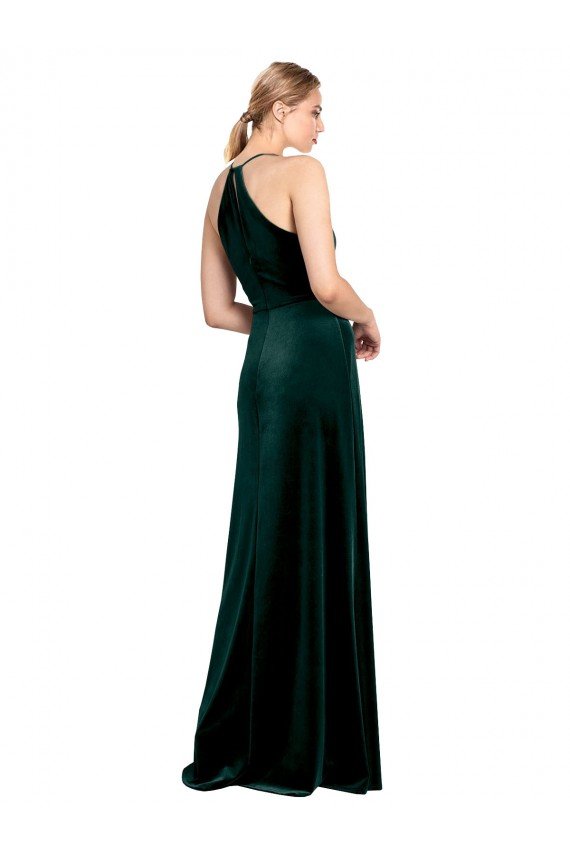 Affordable Long Jewel Neck Full Length Velvet Bridesmaid Dress / Prom Dress with Side Slit