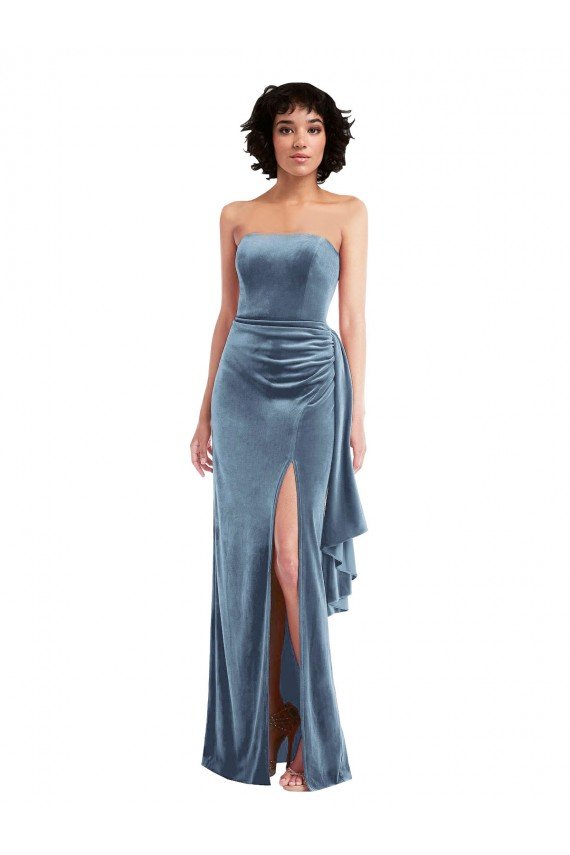 Affordable Strapless Formal Velvet Maxi Bridesmaid Dress / Prom Dress with Draped Skirt