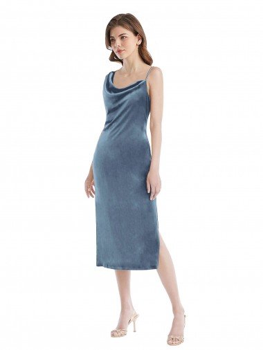 Affordable Midi Length Asymmetrical One Shoulder Velvet Slip Bridesmaid Dress / Prom Dress