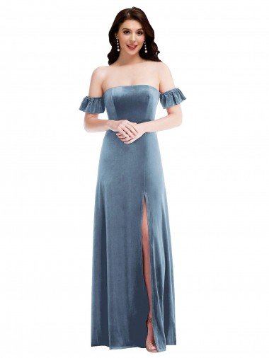 Affordable Ruffle Sleeve Off the Shoulder Velvet Maxi Bridesmaid Dress / Prom Dress