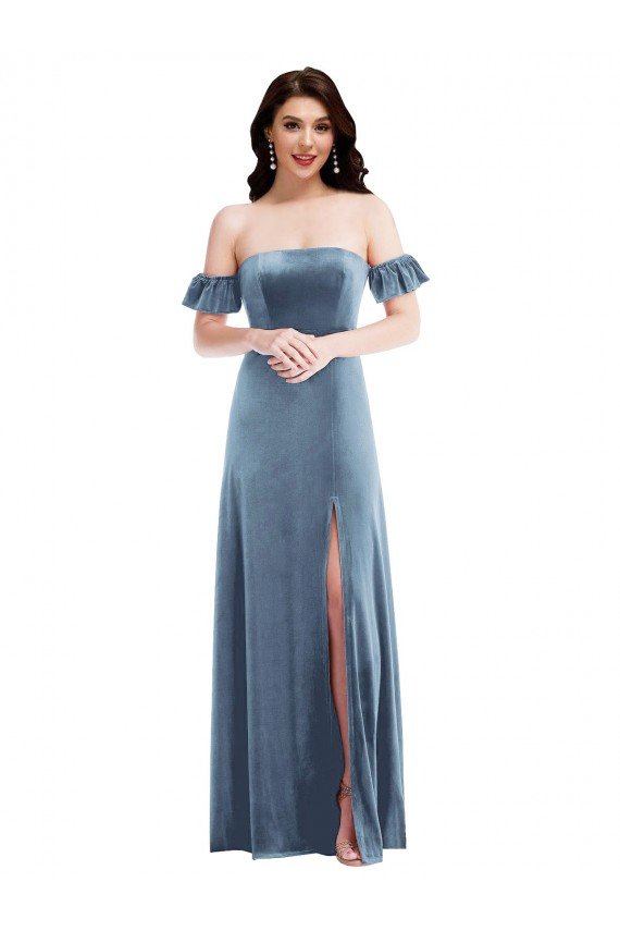 Affordable Ruffle Sleeve Off the Shoulder Velvet Maxi Bridesmaid Dress / Prom Dress