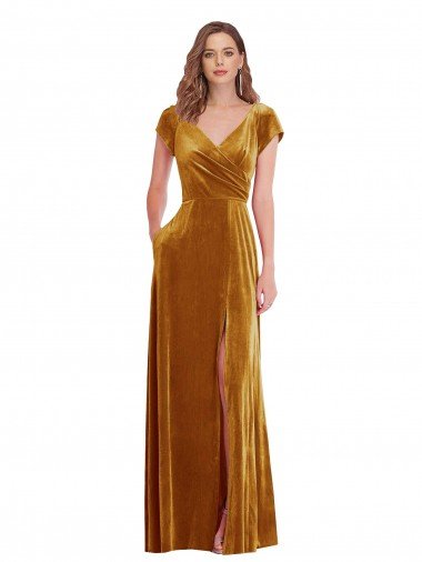 Affordable Cap Sleeve Faux Wrap Formal Velvet Maxi Bridesmaid Dress / Prom Dress with Pockets