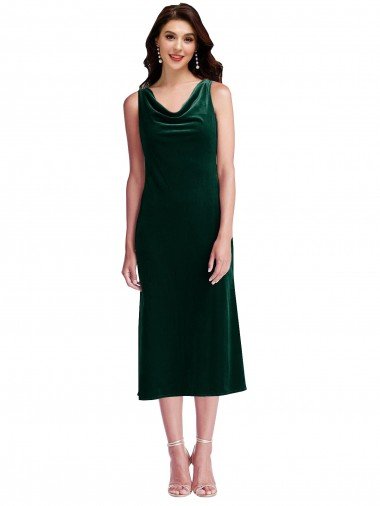 Affordable Cowl Neck Velvet Midi Cocktail Length Bridesmaid Dress / Prom Dress