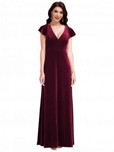 Affordable Flutter Sleeve Velvet Maxi Bridesmaid Dress / Prom Dress with Pockets