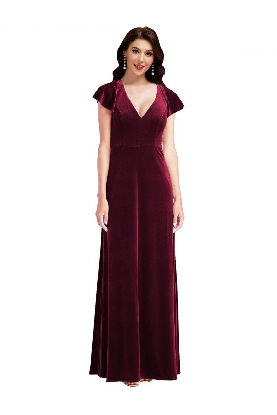 Affordable Flutter Sleeve Velvet Maxi Bridesmaid Dress / Prom Dress with Pockets