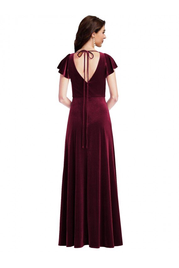 Affordable Flutter Sleeve Velvet Maxi Bridesmaid Dress / Prom Dress with Pockets