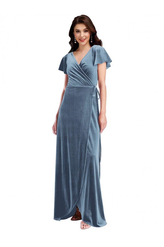 Affordable Flutter Sleeve Velvet Wrap Maxi Bridesmaid Dress / Prom Dress with Pockets