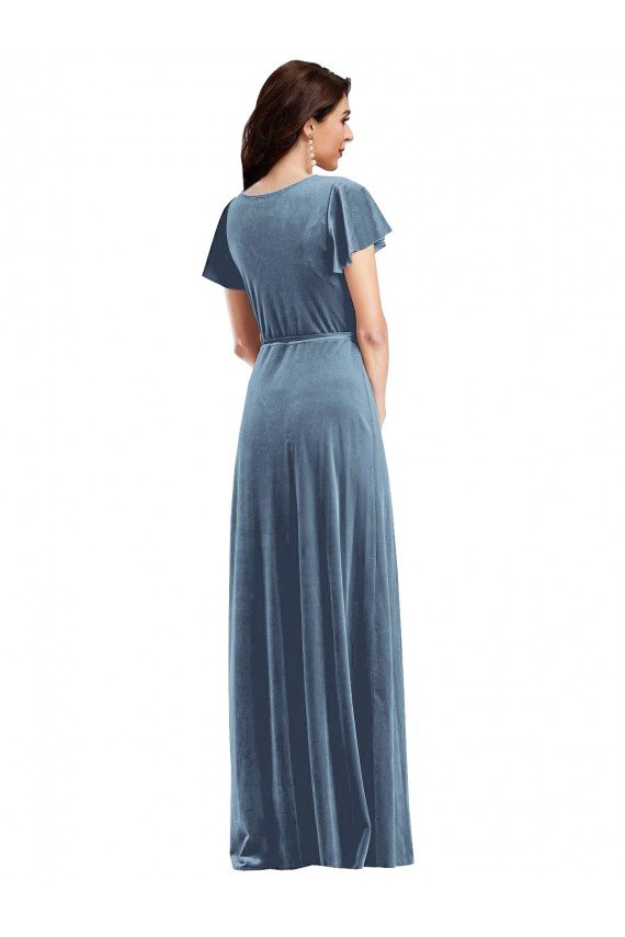 Affordable Flutter Sleeve Velvet Wrap Maxi Bridesmaid Dress / Prom Dress with Pockets
