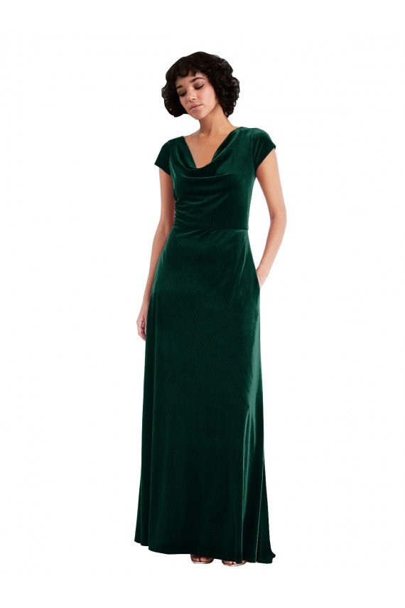 Affordable Cowl Neck Cap Sleeve Velvet Maxi Bridesmaid Dress / Prom Dress with Pockets