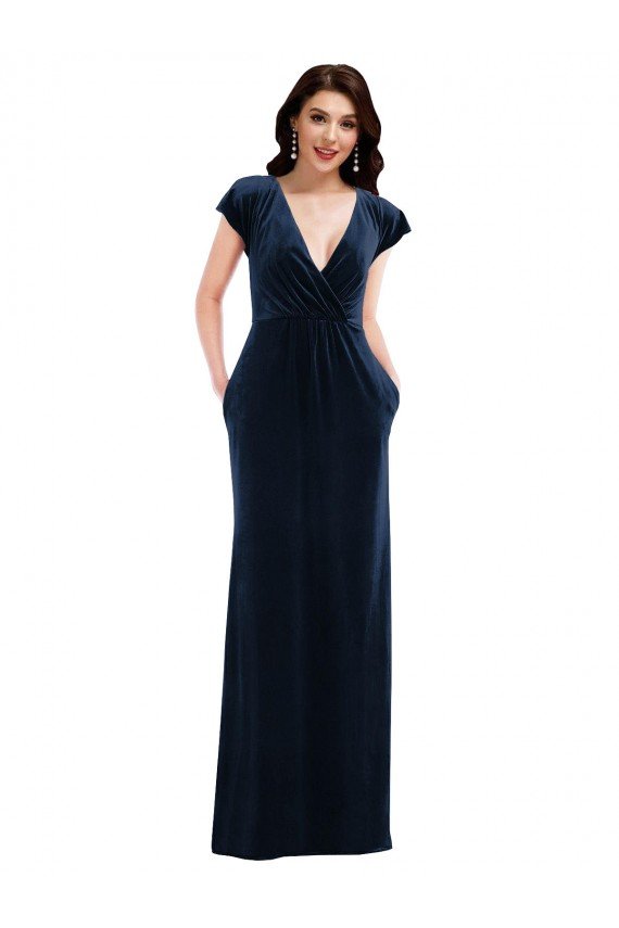 Affordable Flutter Sleeve Wrap Bodice Formal Velvet Maxi Bridesmaid Dress / Prom Dress with Pockets