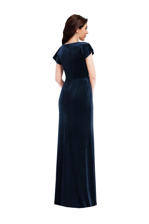 Affordable Flutter Sleeve Wrap Bodice Formal Velvet Maxi Bridesmaid Dress / Prom Dress with Pockets