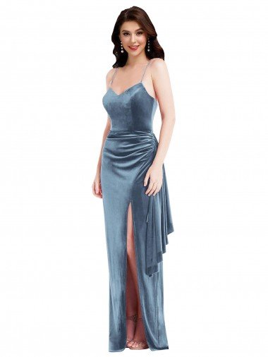 Affordable Spaghetti Strap Formal Velvet Maxi Bridesmaid Dress / Prom Dress with Draped Skirt