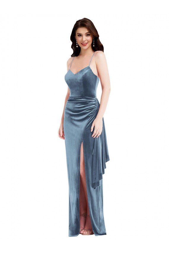 Affordable Spaghetti Strap Formal Velvet Maxi Bridesmaid Dress / Prom Dress with Draped Skirt
