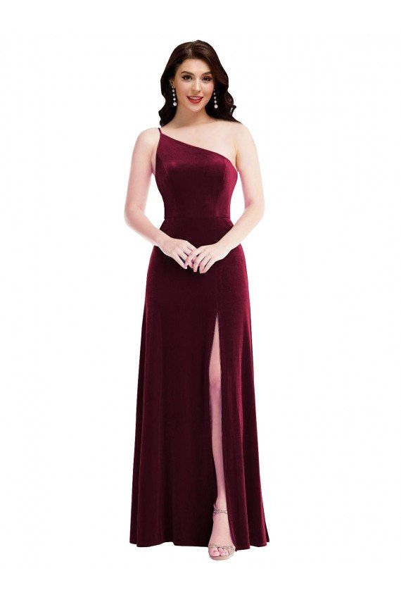Affordable One Shoulder Spaghetti Strap Velvet Maxi Bridesmaid Dress / Prom Dress with Pockets