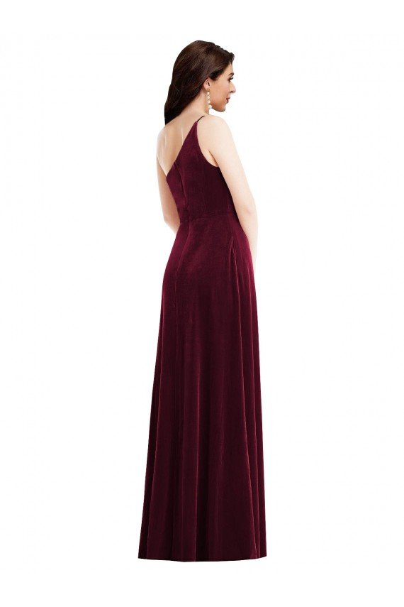 Affordable One Shoulder Spaghetti Strap Velvet Maxi Bridesmaid Dress / Prom Dress with Pockets